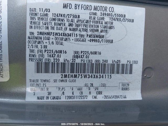 2004 MERCURY GRAND MARQUIS LS VIN: 2MEHM75W34X634115