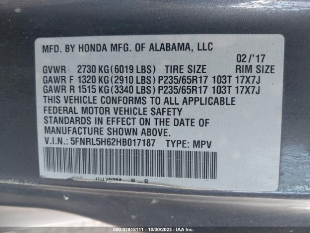 5FNRL5H62HB017187 Honda Odyssey Ex-l