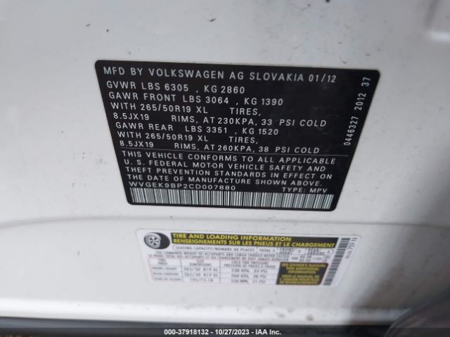 2012 VOLKSWAGEN TOUAREG WVGEK9BP2CD007880 Photo 8