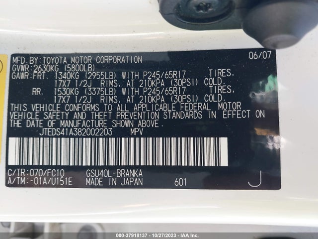 2008 TOYOTA HIGHLANDER BASE VIN: JTEDS41A382002203