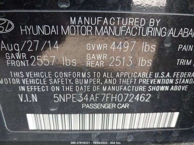 Hyundai Sonata 2.4l Limited 2015 5NPE34AF7FH072462 Image 9