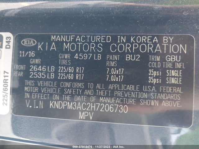2017 KIA SPORTAGE LX VIN: KNDPM3AC2H7206730