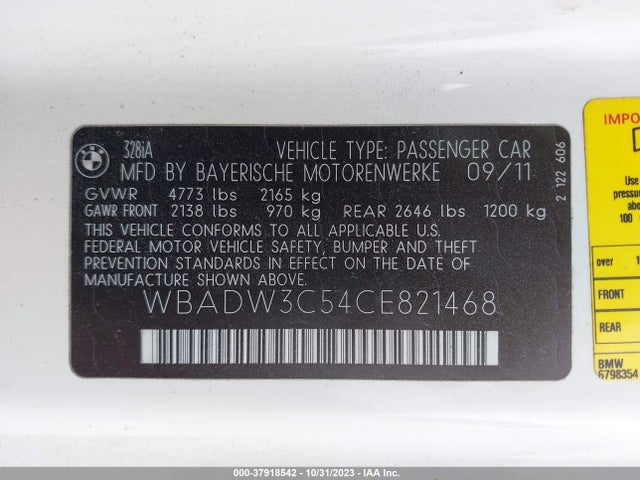 2012 BMW 3 SERIES 328I VIN: WBADW3C54CE821468