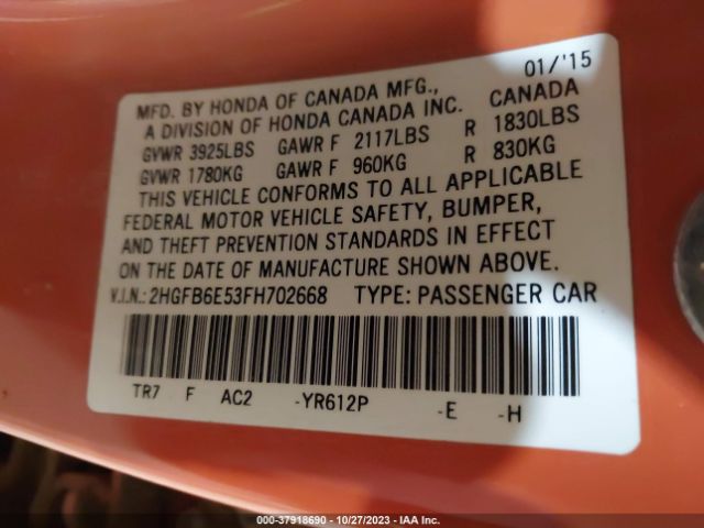 2HGFB6E53FH702668 Honda Civic Sedan Si