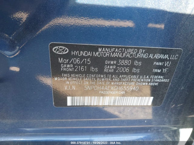 2016 HYUNDAI ELANTRA SE VIN: 5NPDH4AEXGH655940