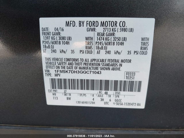 2016 FORD EXPLORER XLT VIN: 1FM5K7DH3GGC71043
