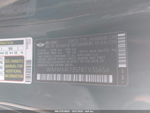 2008 MINI COOPER HARDTOP WMWMF73578TV35656 Photo 8