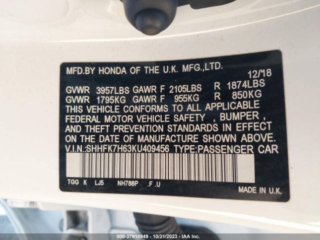 SHHFK7H63KU409456 Honda Civic Hatchback Ex
