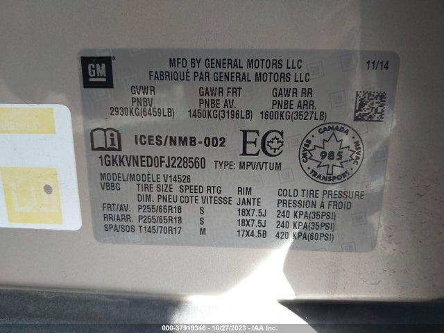 GMC Acadia Sle-1 2015 1GKKVNED0FJ228560 Image 9