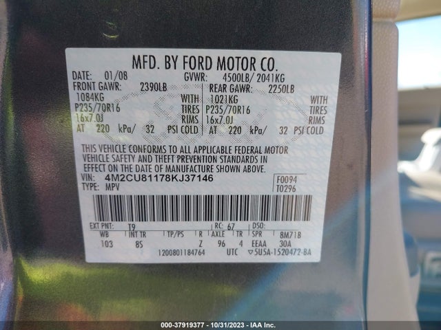 2008 MERCURY MARINER VIN: 4M2CU81178KJ37146