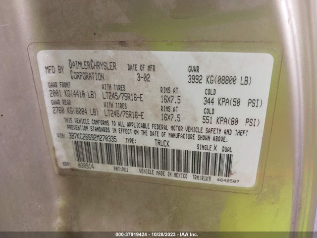 2002 DODGE RAM 2500 VIN: 3B7KC26692M270335