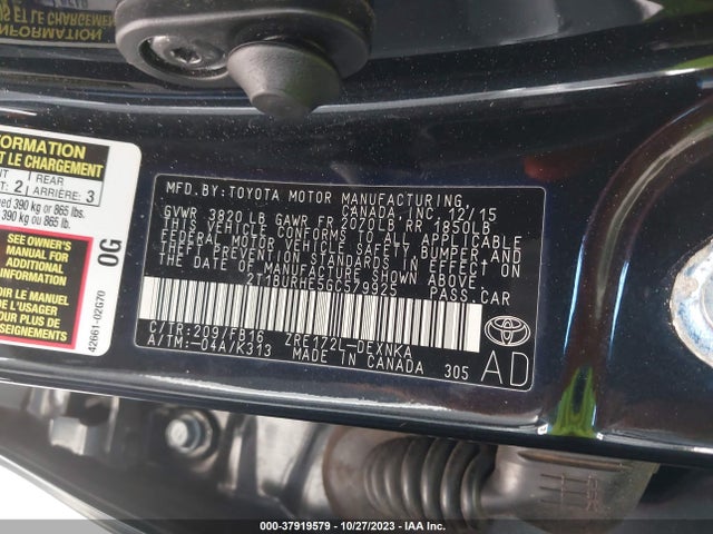 2016 TOYOTA COROLLA L/LE/S/S PLUS/LE PLUS VIN: 2T1BURHE5GC579925