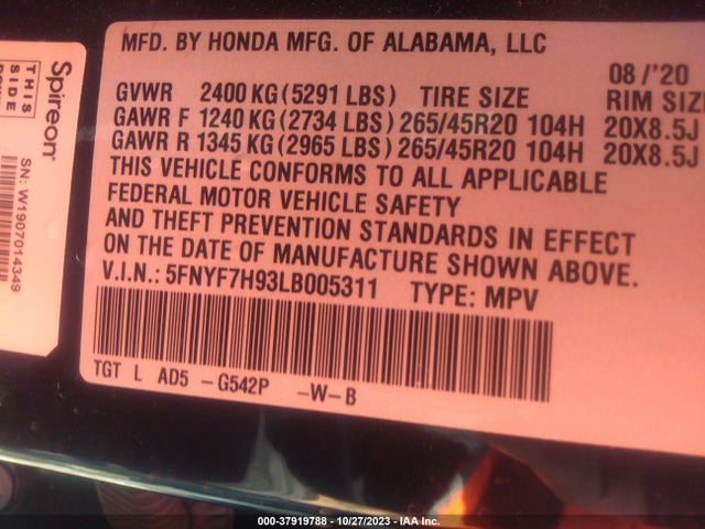 2020 HONDA PASSPORT 2WD TOURING VIN: 5FNYF7H93LB005311