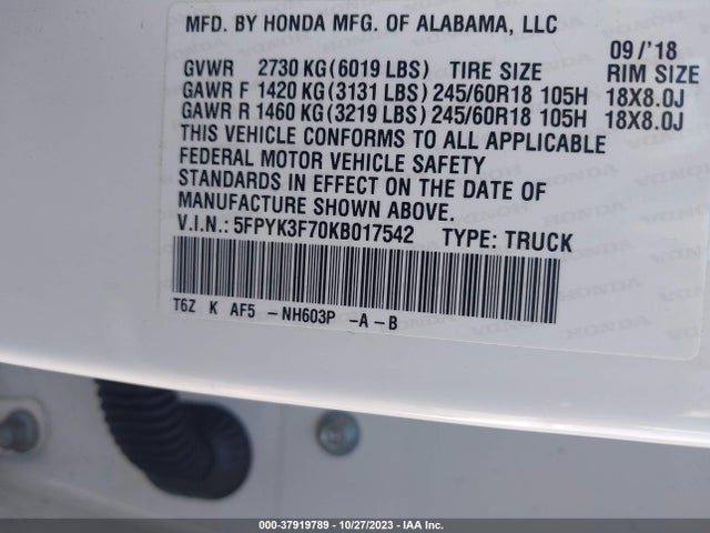 Honda Ridgeline Rtl-e 2019 5FPYK3F70KB017542 Image 9