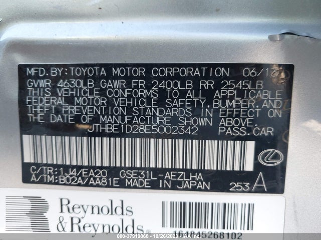 2014 LEXUS IS 350 VIN: JTHBE1D28E5002342