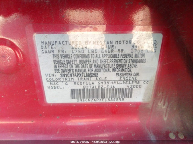 Nissan Versa S/s Plus/sv/sl 2015 3N1CN7APXFL885292 Image 9