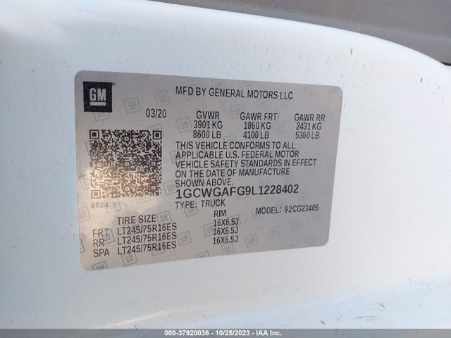 Chevrolet EXPRESS CARGO VAN 2020 1GCWGAFG9L1228402 Image 9