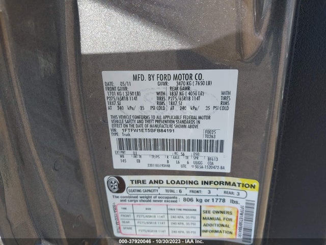 2011 FORD F-150 XLT/FX4/LARIAT VIN: 1FTFW1ET5BFB84191