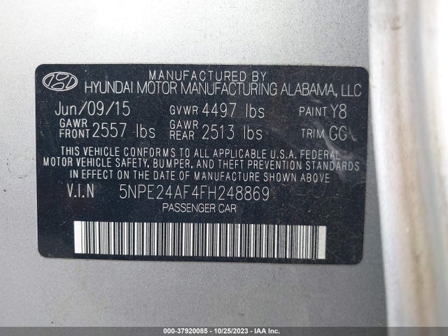 2015 HYUNDAI SONATA 2.4L SE VIN: 5NPE24AF4FH248869