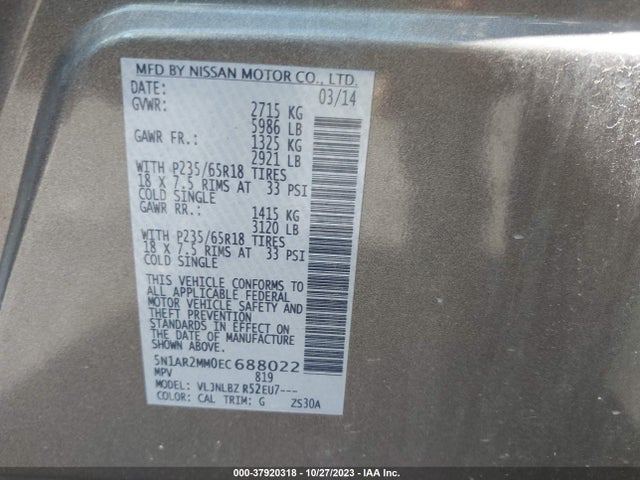 Nissan Pathfinder S 2014 5N1AR2MM0EC688022 Image 9