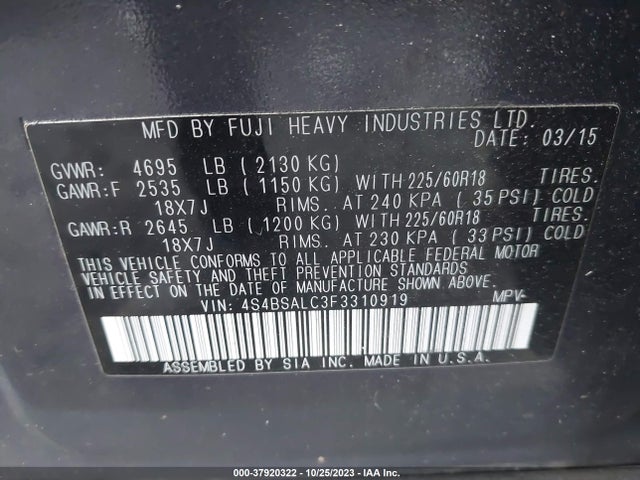 2015 SUBARU OUTBACK 2.5I LIMITED VIN: 4S4BSALC3F3310919
