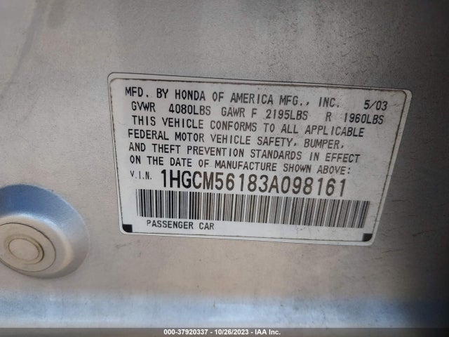 2003 HONDA ACCORD SDN DX VIN: 1HGCM56183A098161