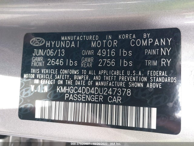2013 HYUNDAI GENESIS 3.8L VIN: KMHGC4DD4DU247378
