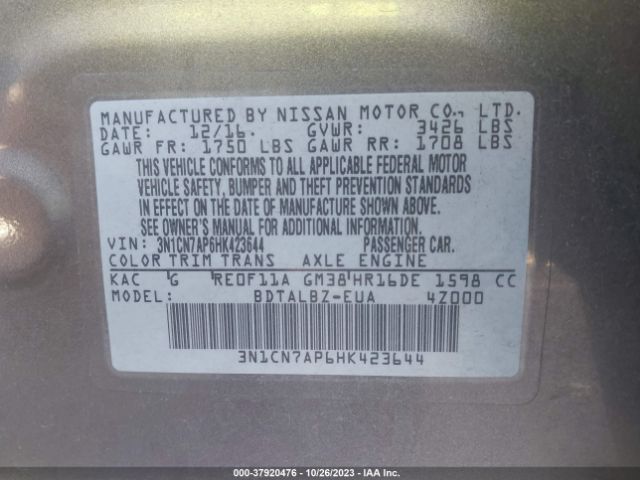 3N1CN7AP6HK423644 Nissan Versa Sedan Sv