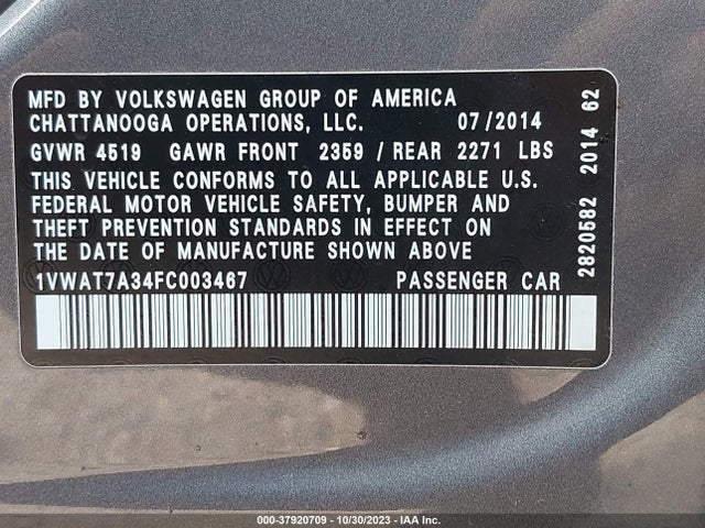 1VWAT7A34FC003467 Volkswagen Passat 1.8t Wolfsburg Ed