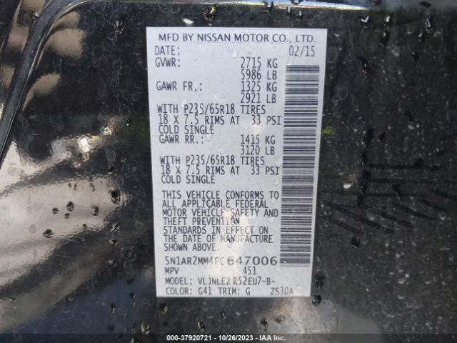 5N1AR2MM4FC647006 Nissan Pathfinder Platinum/sv/sl/s