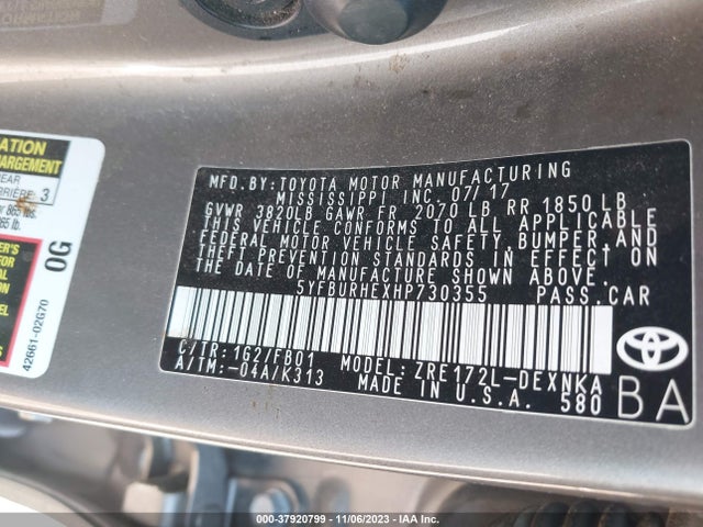 2017 TOYOTA COROLLA LE VIN: 5YFBURHEXHP730355