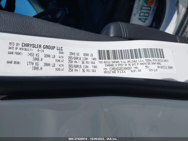 Dodge DURANGO LIMITED 2014 1C4RDHDG2EC494207 Image 9