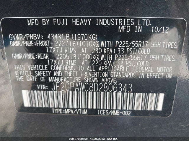 2013 SUBARU XV CROSSTREK PREMIUM VIN: JF2GPAWC8D2806343