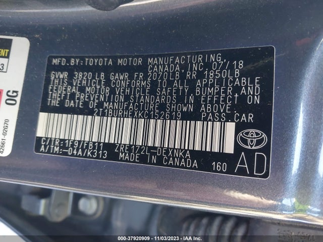 2019 TOYOTA COROLLA LE VIN: 2T1BURHEXKC152619