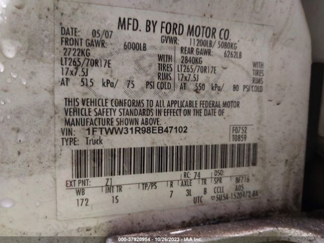 2008 FORD SUPER DUTY F-350 SRW 1FTWW31R98EB47102 Photo 8