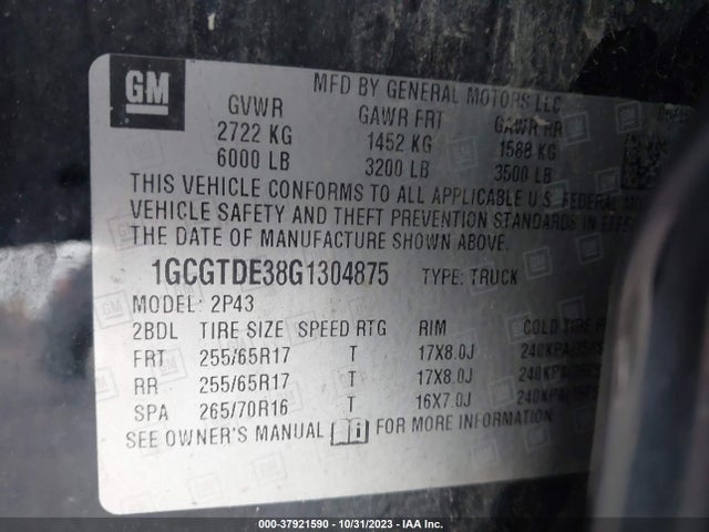 2016 CHEVROLET COLORADO Z71 VIN: 1GCGTDE38G1304875