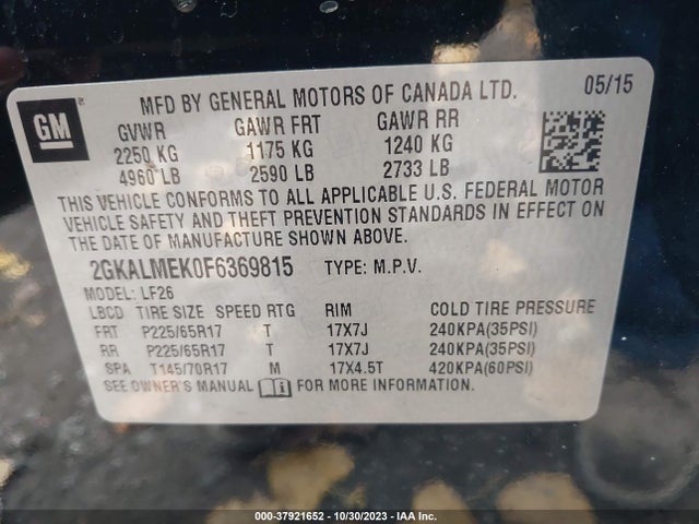 GMC Terrain Sle 2015 2GKALMEK0F6369815 Image 9