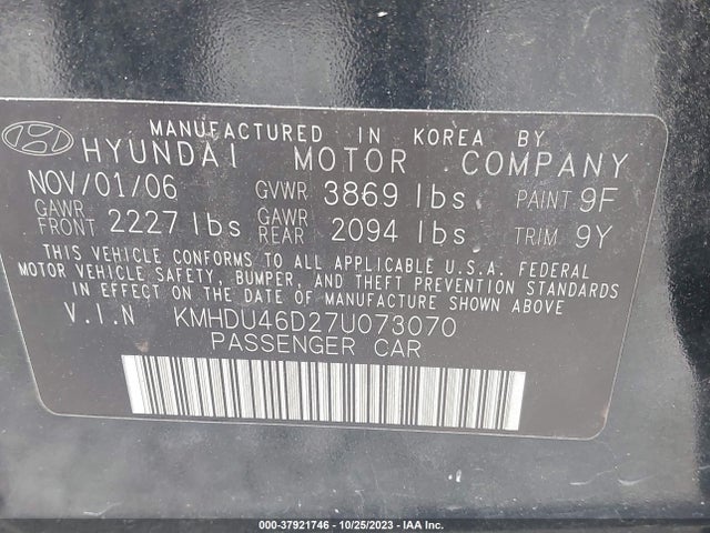 2007 HYUNDAI ELANTRA GLS/SE/LTD VIN: KMHDU46D27U073070