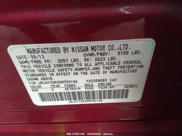 2014 Infiniti Q50 Hybrid Sport მანქანა იყიდება აუქციონზე, vin: JN1AV7AR0EM700194, აუქციონის ნომერი: 37921748