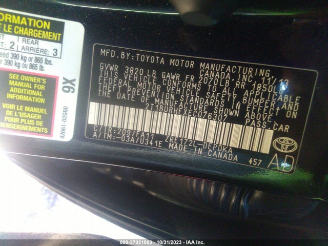 2014 TOYOTA COROLLA L VIN: 2T1BURHEXEC076307