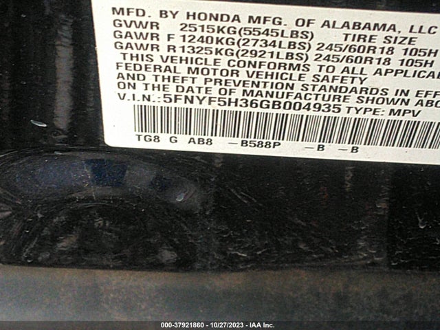 Honda Pilot Ex 2016 5FNYF5H36GB004935 Image 9