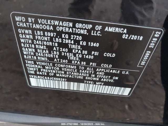 1V2LR2CA3JC555297 Volkswagen Atlas 3.6l V6 Se