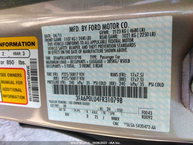 3FA6P0LU4FR310798 Ford Fusion Se Hybrid