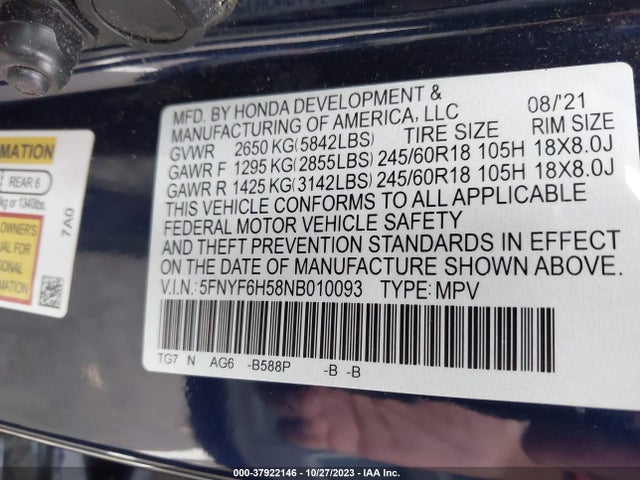 Honda Pilot Awd Ex-l 2022 5FNYF6H58NB010093 Image 9