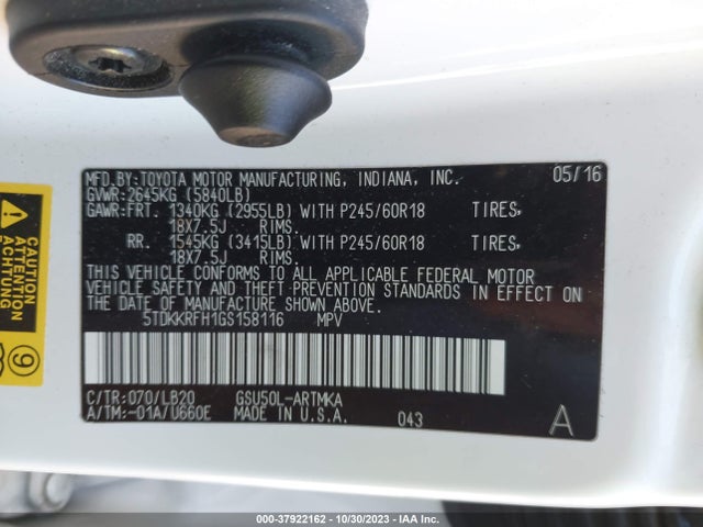 2016 TOYOTA HIGHLANDER XLE V6 VIN: 5TDKKRFH1GS158116