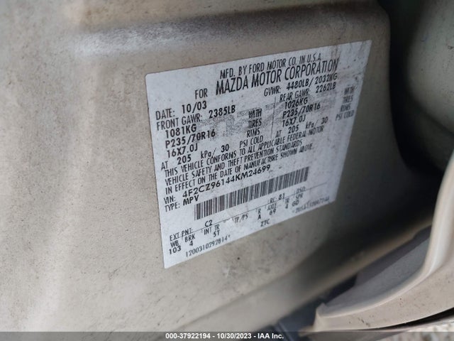 Aukcja sprzedaży 2004 Mazda Tribute Es, vin: 4F2CZ96144KM24699, numer aukcji: 37922194