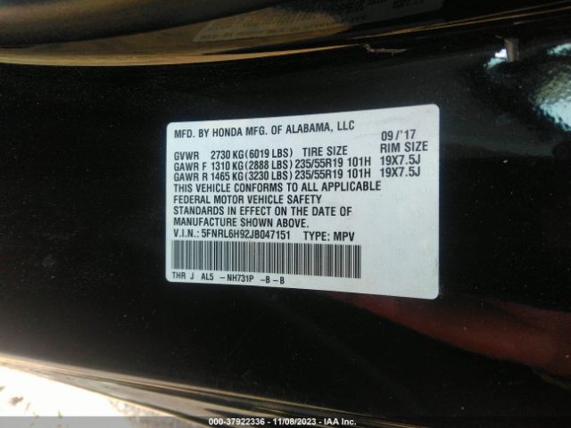 5FNRL6H92JB047151 Honda Odyssey Elite