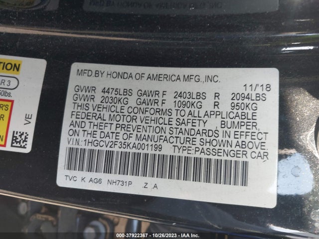 2019 HONDA ACCORD SPORT 2.0T VIN: 1HGCV2F35KA001199