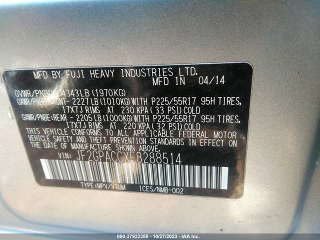 2014 SUBARU XV CROSSTREK 2.0I PREMIUM VIN: JF2GPACCXE8288514