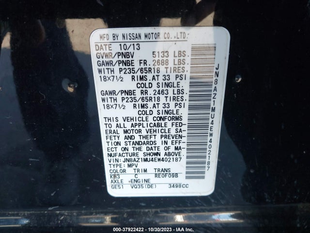 Nissan MURANO SL 2014 JN8AZ1MU4EW402187 Image 9